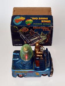 Tin toy space car, battery operated space toy, yonezawa robot car