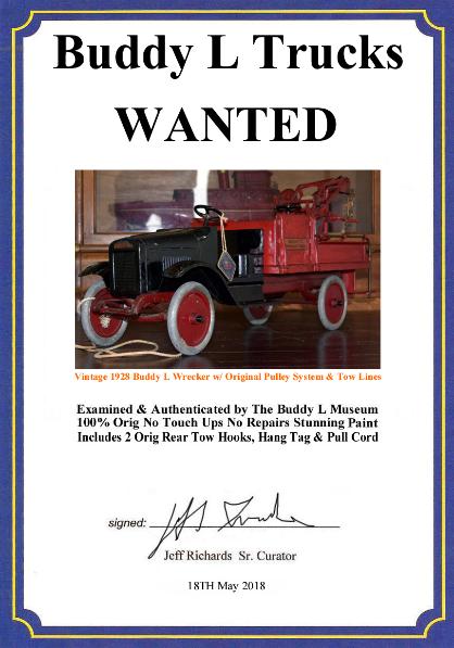 buddy l trucks price guide and information, free buddy toys appraisals, rare buddy l trucks for sale, buddy l wrecker, antique pressed steel toys appraisals, buddy l toys for sale, buddy l truck values
